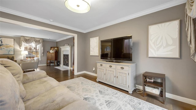 living room with dark hardwood / wood-style floors and crown molding