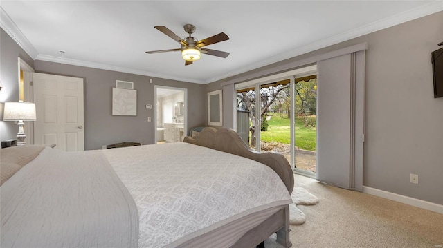 carpeted bedroom with access to exterior, ensuite bath, ceiling fan, and ornamental molding