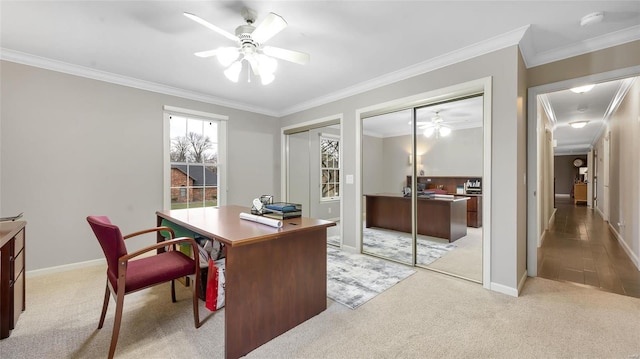 office featuring carpet flooring, ceiling fan, and crown molding