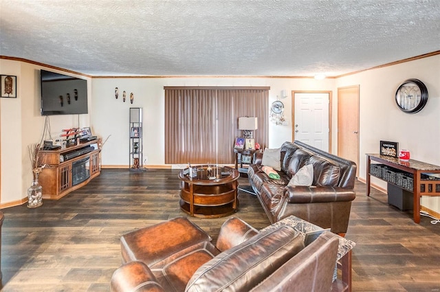 living room with a textured ceiling, dark hardwood / wood-style flooring, and crown molding