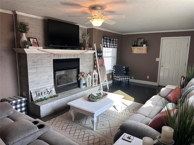 living room with ornamental molding, a textured ceiling, ceiling fan, and a fireplace