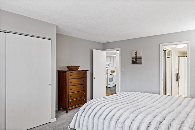 bedroom with light carpet, a closet, and a textured ceiling