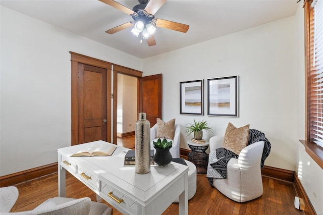 home office featuring ceiling fan and hardwood / wood-style floors