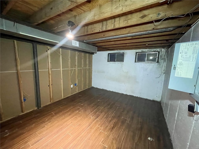 basement with wood-type flooring