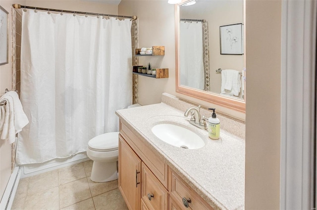 full bathroom with tile patterned floors, vanity, shower / bath combo with shower curtain, a baseboard heating unit, and toilet