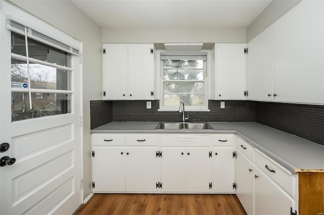 kitchen featuring backsplash, white cabinetry, dark wood-type flooring, and sink