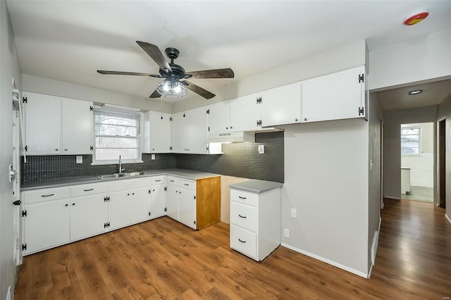 kitchen with ceiling fan, sink, tasteful backsplash, dark hardwood / wood-style flooring, and white cabinets