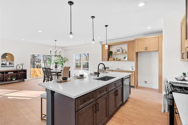 kitchen featuring appliances with stainless steel finishes, dark brown cabinets, sink, decorative light fixtures, and light hardwood / wood-style flooring