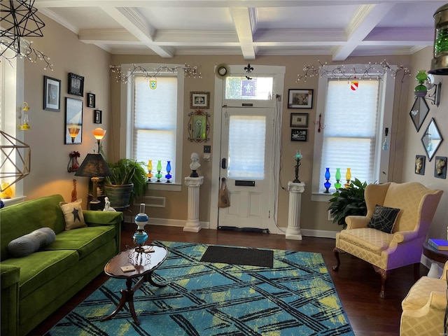 living room with dark wood-type flooring, crown molding, coffered ceiling, and beamed ceiling