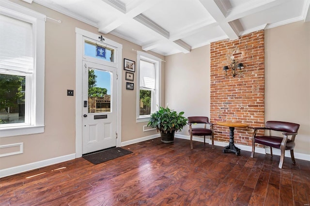 foyer with dark wood-type flooring, beam ceiling, and coffered ceiling