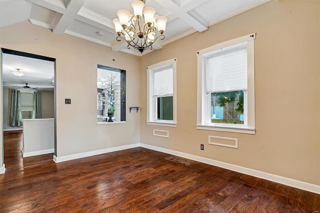 unfurnished room with dark hardwood / wood-style flooring, ceiling fan with notable chandelier, and coffered ceiling