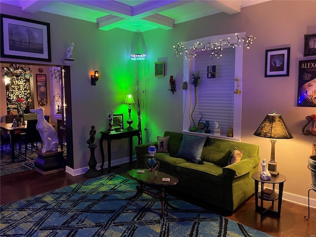 living room with beam ceiling, ornamental molding, and hardwood / wood-style floors