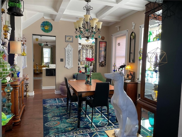 dining space with crown molding, dark hardwood / wood-style floors, beam ceiling, and coffered ceiling