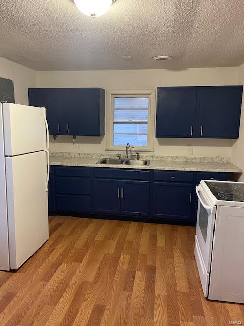 kitchen with blue cabinetry, sink, a textured ceiling, white appliances, and light wood-type flooring