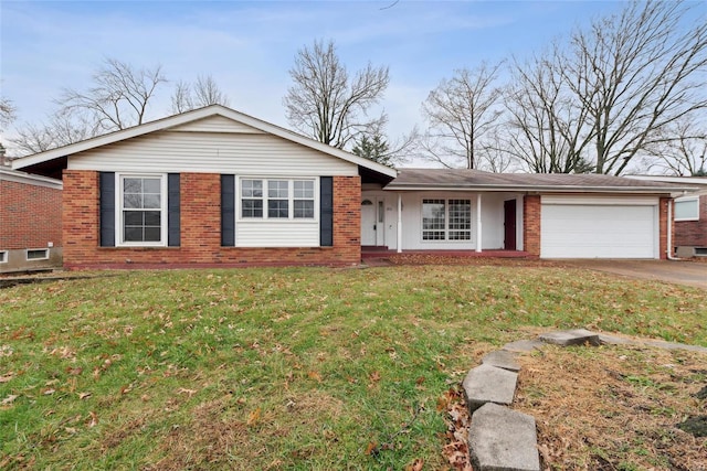 ranch-style house with a front yard and a garage