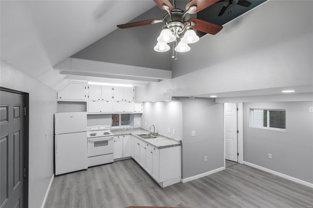 kitchen with white cabinetry, sink, light hardwood / wood-style floors, vaulted ceiling, and white appliances