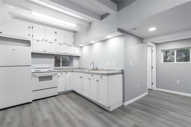 kitchen with white cabinets, beam ceiling, light wood-type flooring, and white appliances