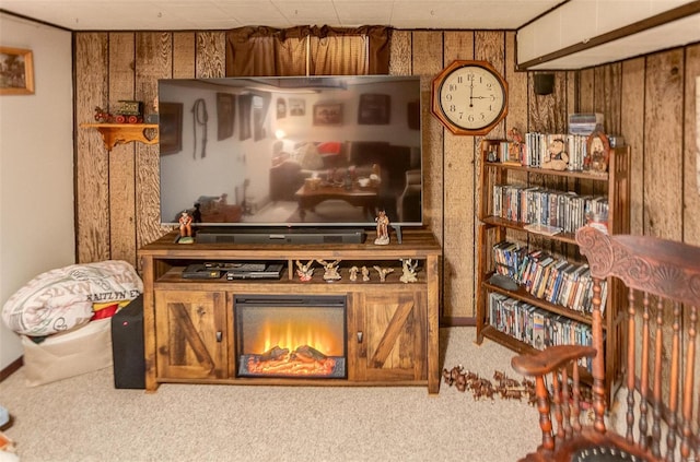 interior space with carpet floors and wooden walls