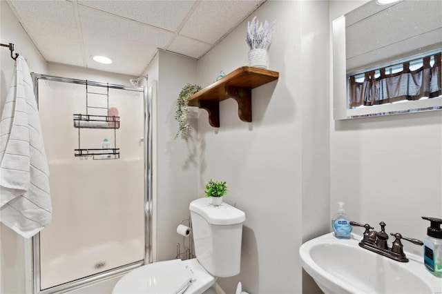 bathroom featuring a paneled ceiling, toilet, walk in shower, and sink