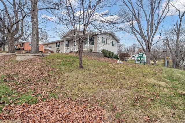 view of yard with a storage shed