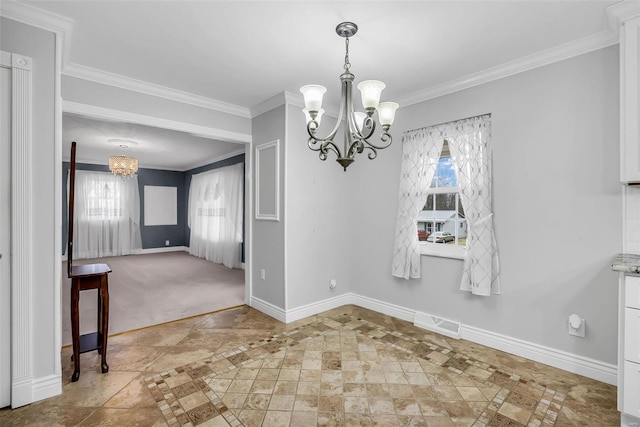 unfurnished dining area featuring plenty of natural light, a chandelier, and ornamental molding