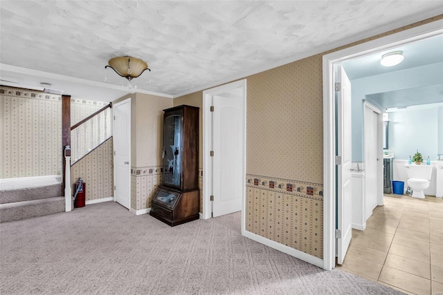 hall featuring light colored carpet and ornamental molding