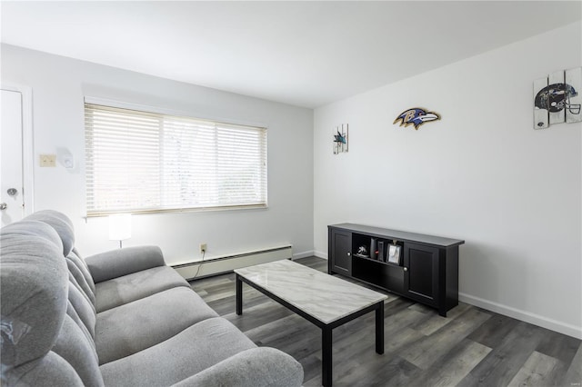 living room with a baseboard radiator and dark wood-type flooring