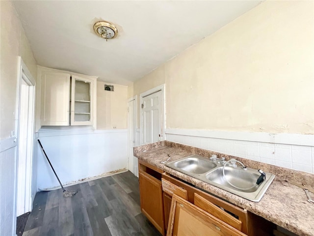 kitchen with white cabinets, dark wood-type flooring, and sink