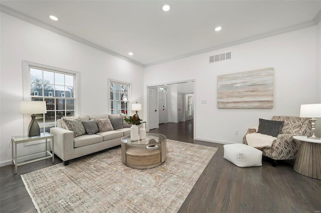 living room with dark hardwood / wood-style floors and ornamental molding