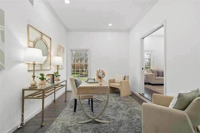 office space featuring crown molding and dark hardwood / wood-style floors