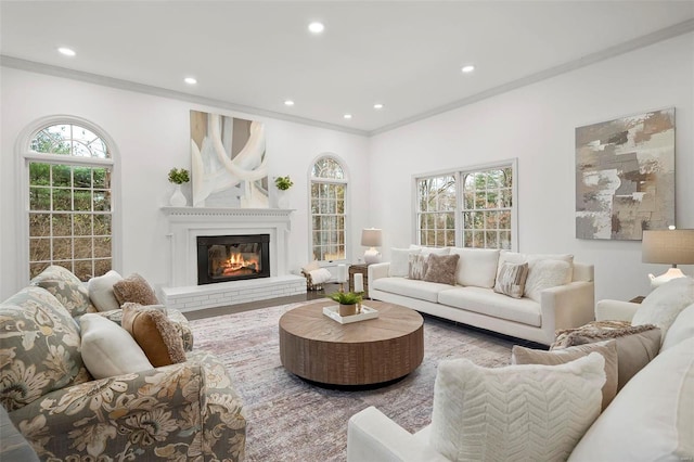 living room with plenty of natural light and ornamental molding