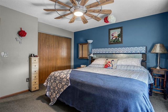 carpeted bedroom featuring a textured ceiling, a closet, and ceiling fan