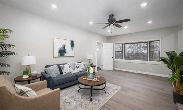 living room with ceiling fan and wood-type flooring