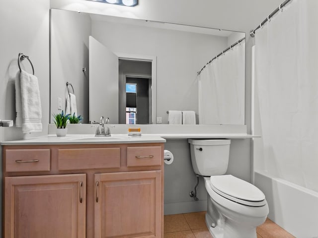 full bathroom with toilet, vanity, tile patterned flooring, and shower / bathtub combination with curtain