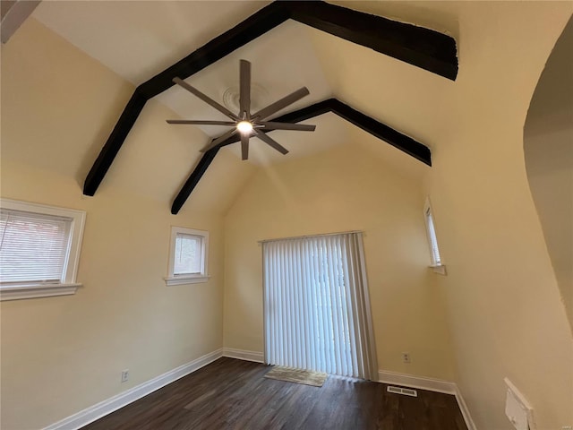 interior space with dark hardwood / wood-style flooring, vaulted ceiling with beams, and ceiling fan