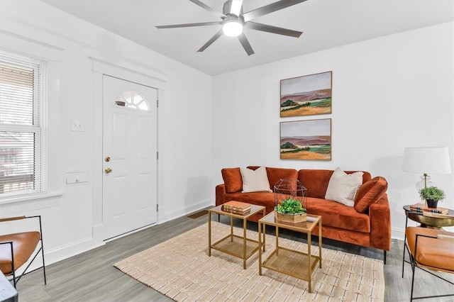 living room with ceiling fan and hardwood / wood-style flooring