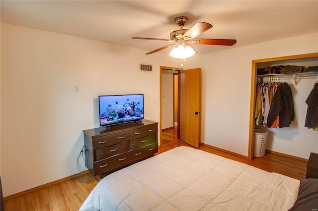 bedroom featuring ceiling fan, a closet, and wood-type flooring