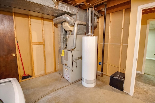 utility room featuring gas water heater and heating unit