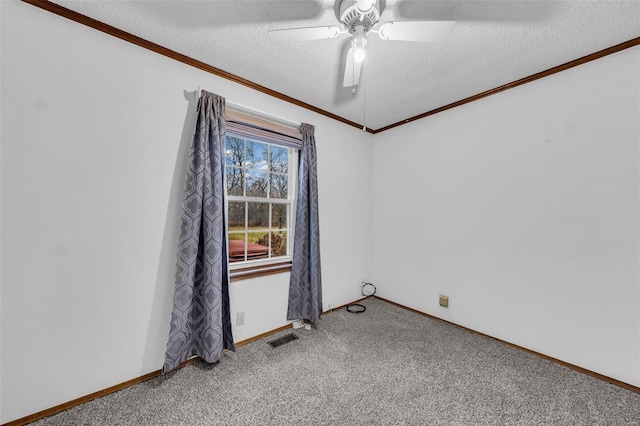 unfurnished room with carpet flooring, a textured ceiling, and ceiling fan