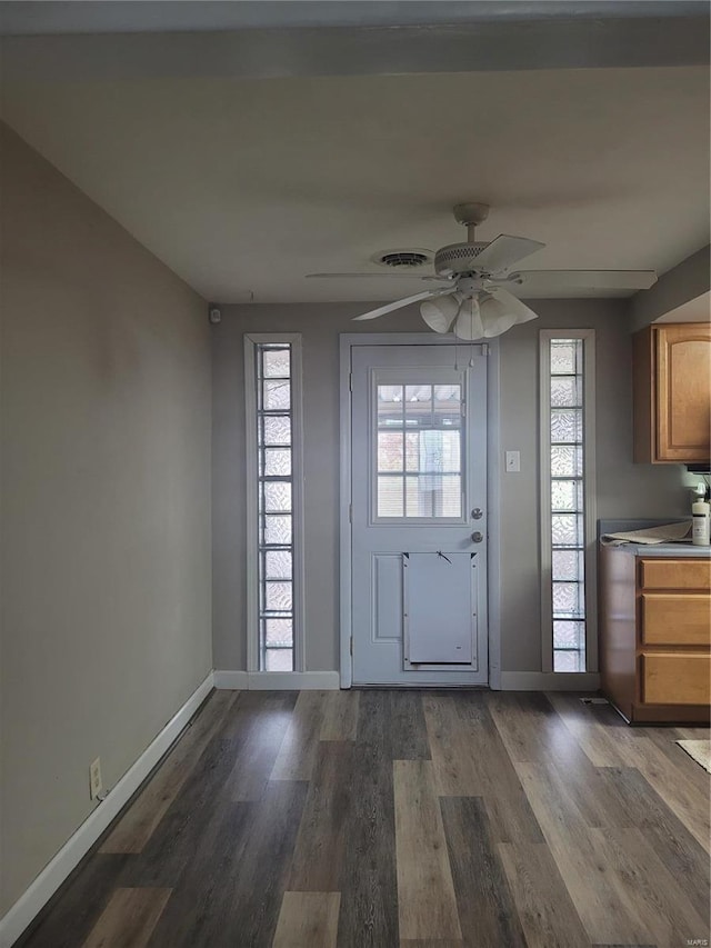 doorway to outside featuring dark hardwood / wood-style floors and ceiling fan