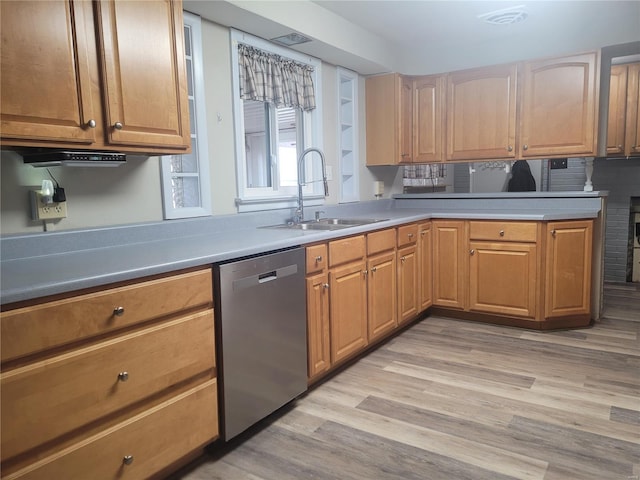 kitchen with light hardwood / wood-style floors, stainless steel dishwasher, and sink