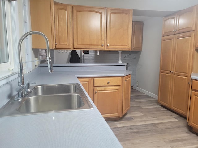 kitchen featuring decorative backsplash, sink, and light wood-type flooring