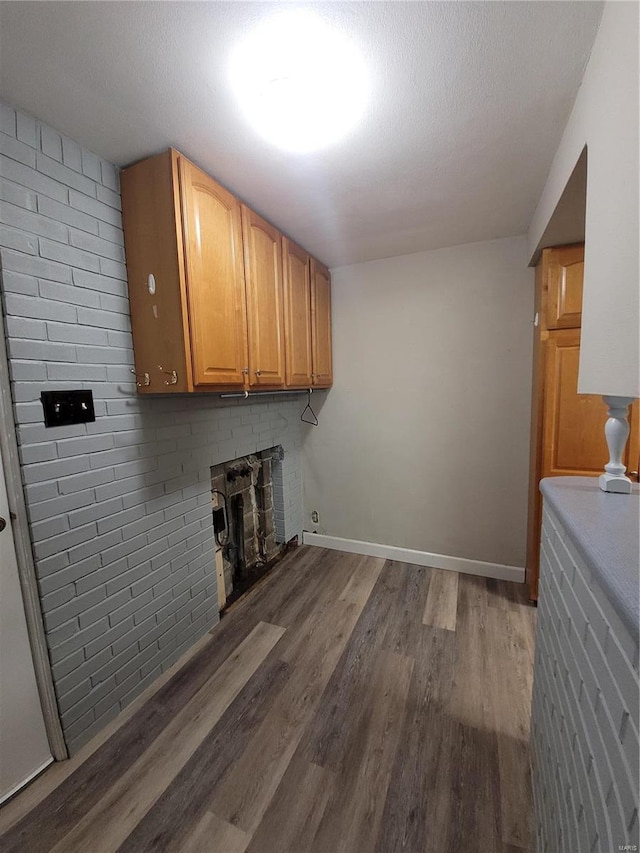 laundry area featuring cabinets and dark hardwood / wood-style floors