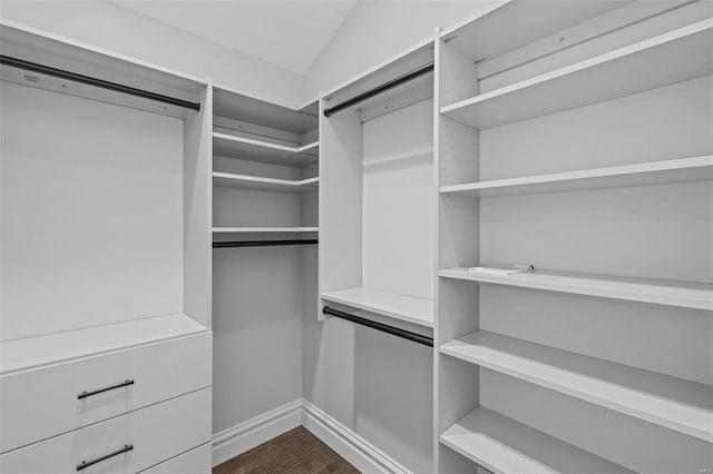 walk in closet featuring lofted ceiling and dark wood-style flooring