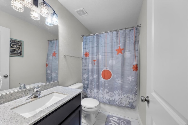 bathroom with vanity, a shower with curtain, tile patterned floors, and toilet