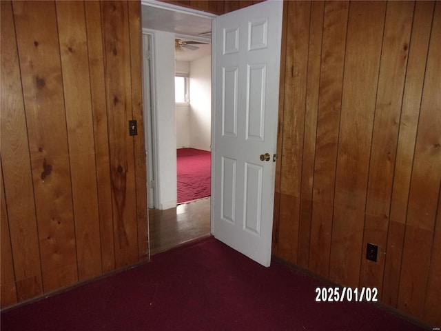 interior space with wood walls and dark carpet