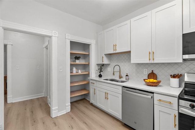 kitchen featuring white cabinetry, sink, stainless steel appliances, tasteful backsplash, and light hardwood / wood-style flooring