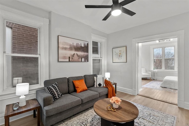 living room with ceiling fan and light hardwood / wood-style floors