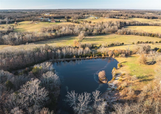 drone / aerial view with a water view and a rural view