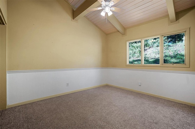 carpeted empty room featuring lofted ceiling with beams, ceiling fan, and wooden ceiling